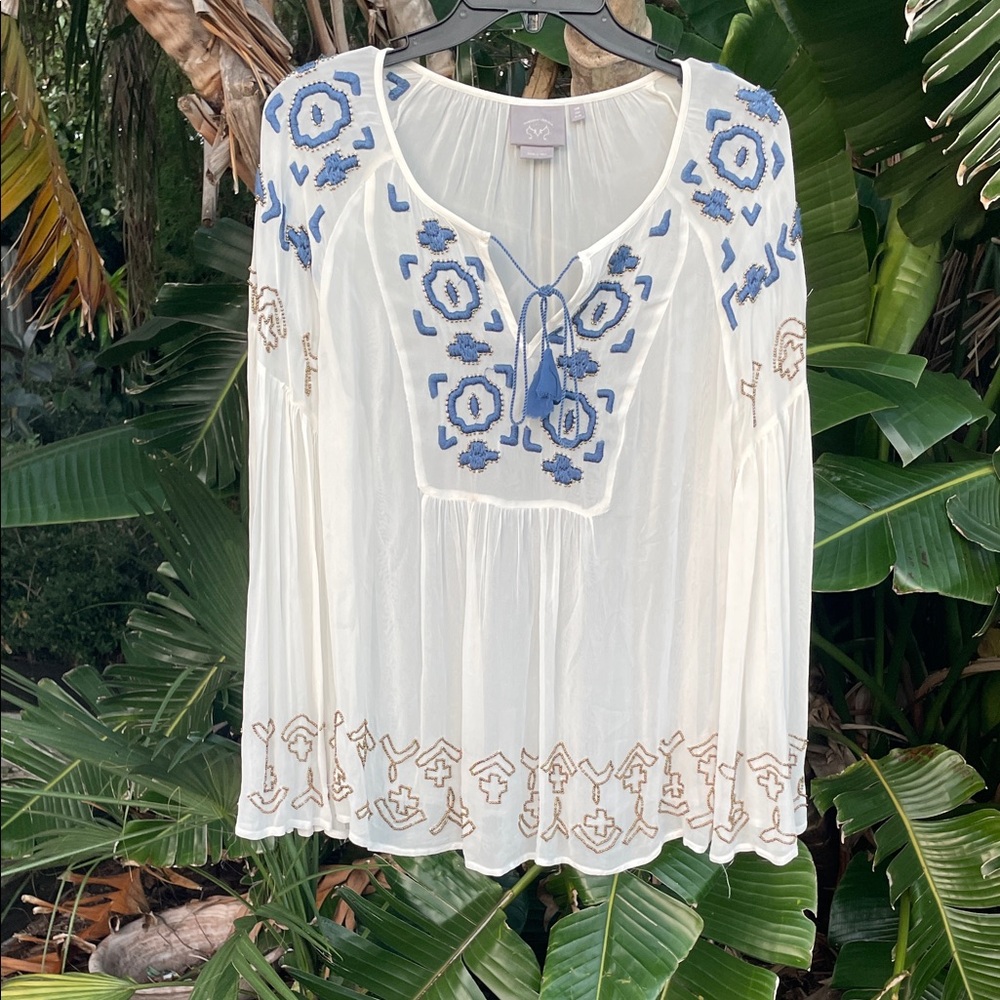 Sheer embroidered and gold beaded peasant blouse with wide bell sleeves - Picture 3 of 8